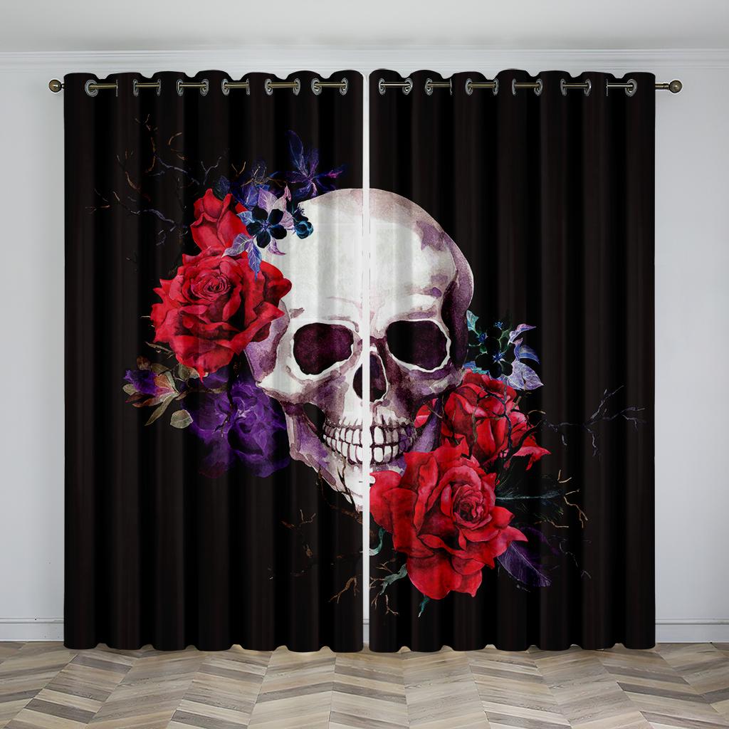 Personality 3D Print Black Mystery Skull Rose Curtains 2 Panel Living Room Bedroom Balcony Study Decorative Curtains