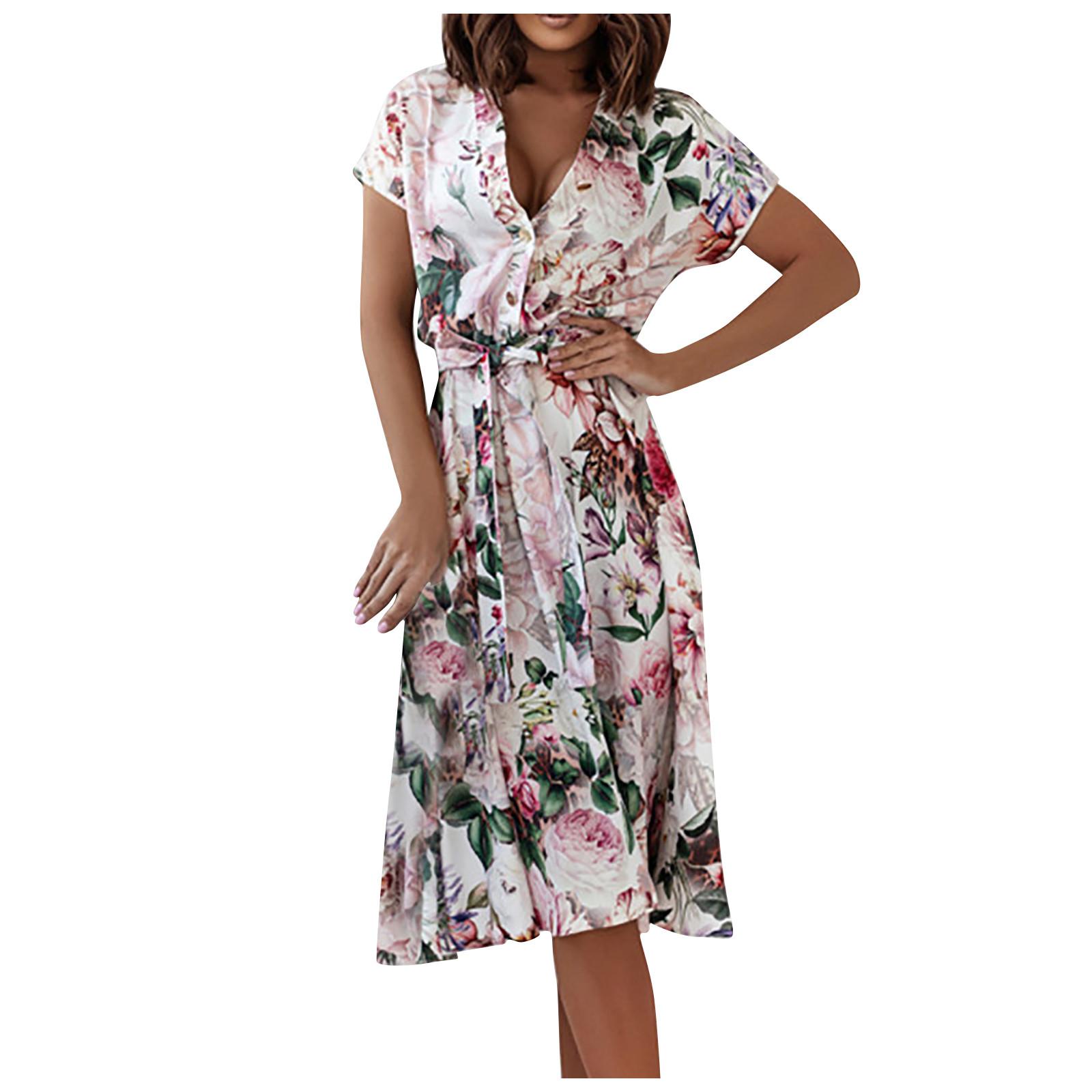 

(SU)Fashion Women s Printed V-Neck Sexy Casual Short Sleeves Mid-Length Dress