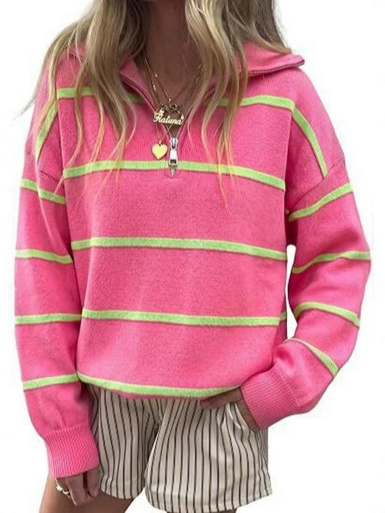 2026 Fall/Winter Women's Striped Zipper Sweater - Loose European and American Fashion Knit Pullover
