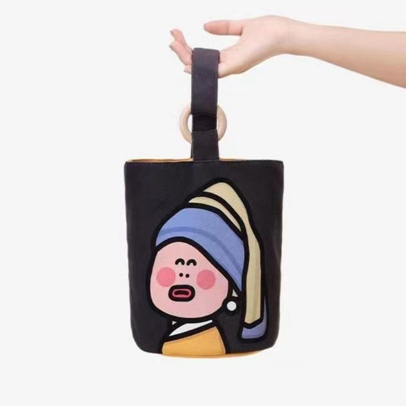 Original Illustration Portable Bucket Bag Handbag Hand Carry Out Snacks Canvas Bag Cute Out Small Bag