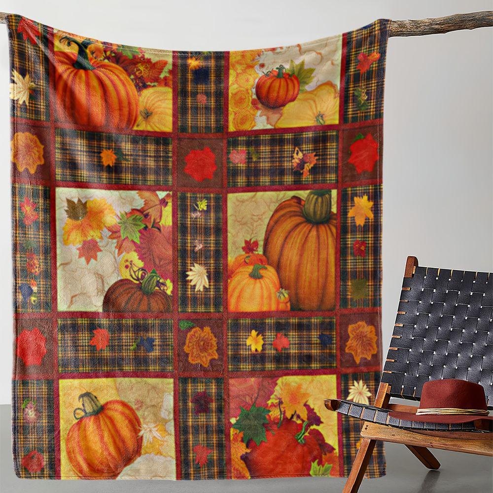 Autumn Harvest Pumpkin Plaid Flannel Throw Blanket Soft Decorative Bed Sofa Cover, Cozy Farmhouse Thanksgiving Holiday Print Gift for Home Decor