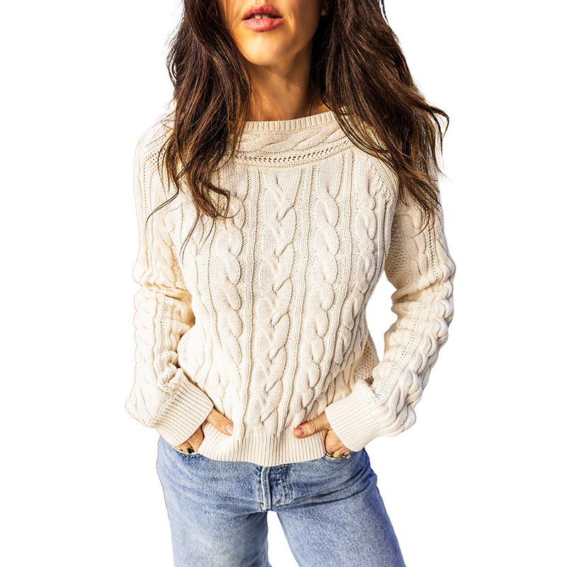 Women's Autumn 2026 Solid Color Cable Knit Pullover Sweater - European/American Style with Round Neck and Long Sleeves