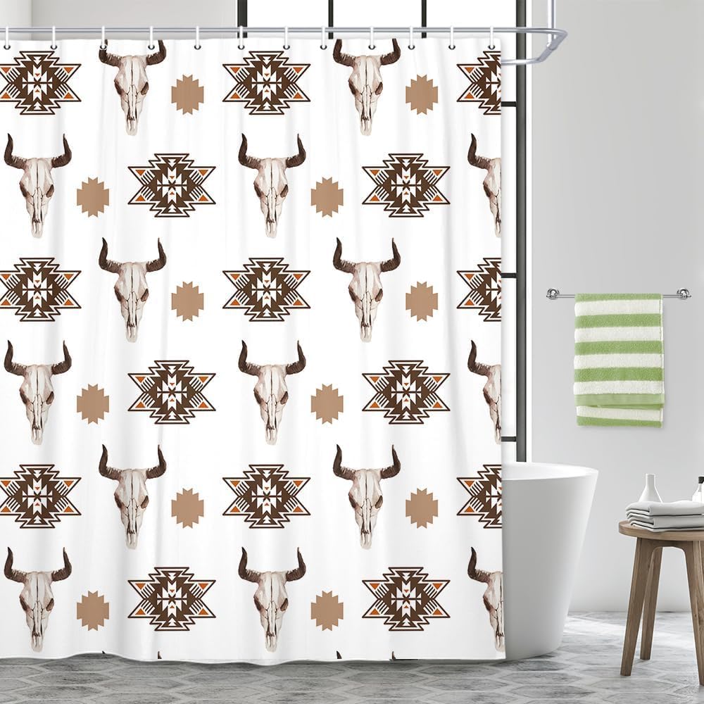Western Bohemian Shower Curtain Tribal Bull Skull Geometric Beige Bathroom Decorative Shower Curtain with Hook