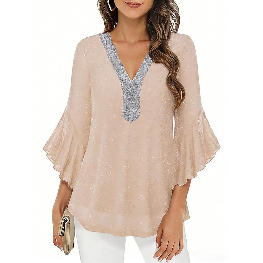 2026 Spring Summer Sequined Crew Neck Blouse Top, Hot Popular Casual Shirt for Women, Europe America Style