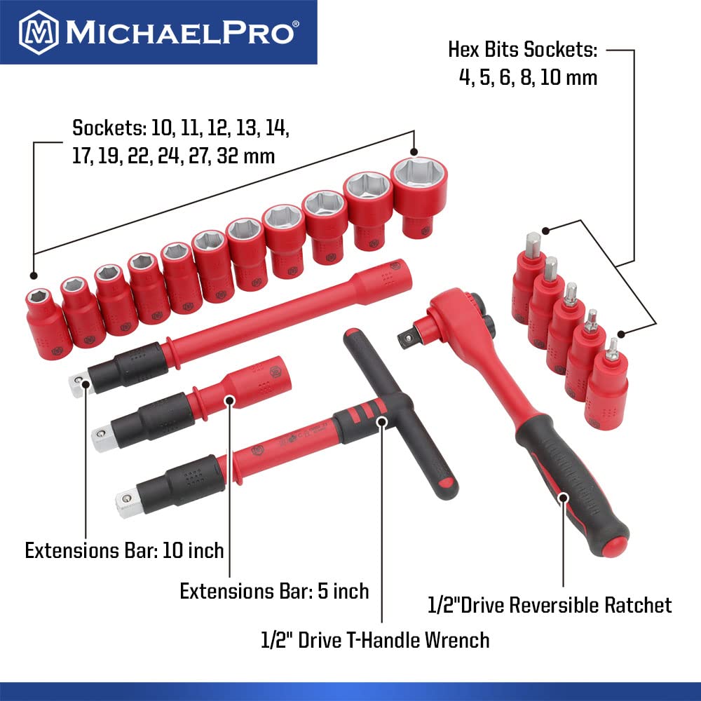 MichaelPro MP005048 20 Piece Drive VDE Insulated Socket Set 1/2"