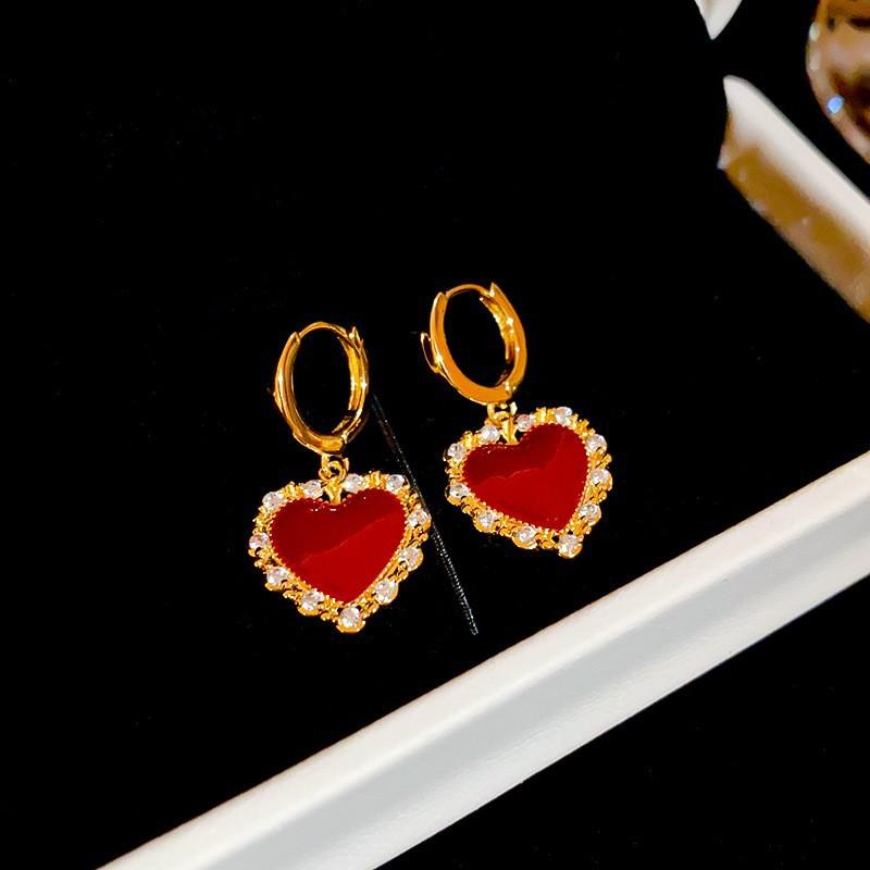 New Year's red flower flocking stud earrings women's niche earrings versatile earrings autumn and winter