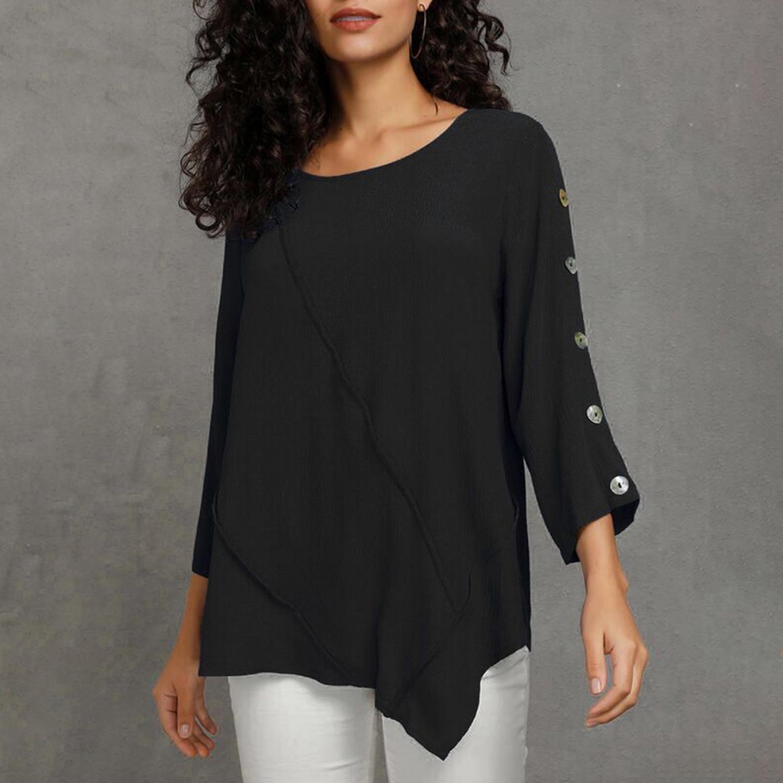 

Женский модный свободный однотонный шифоновый топ с круглым вырезом и круглым вырезом со средними рукавами, прострочкой и нерегулярной кромкой, украшенный пуговицами чёрный