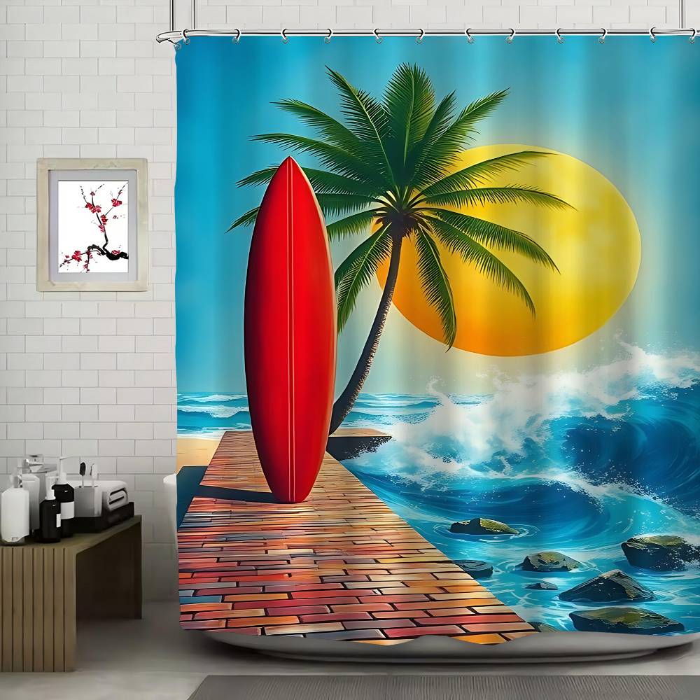Beach Scenery Shower Curtain Bath Curtain Print Polyester Fabric Waterproof Bathroom Curtains With Hooks Bath Screen