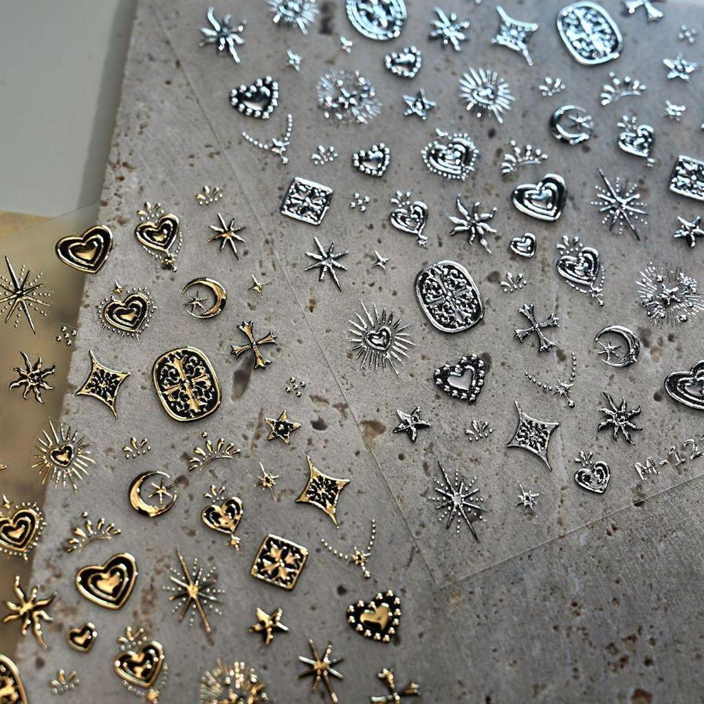 Gothic Starburst Metal Nail Art Stickers – Spicy Gold & Silver Stars, Hearts, and Crosses for DIY Nails