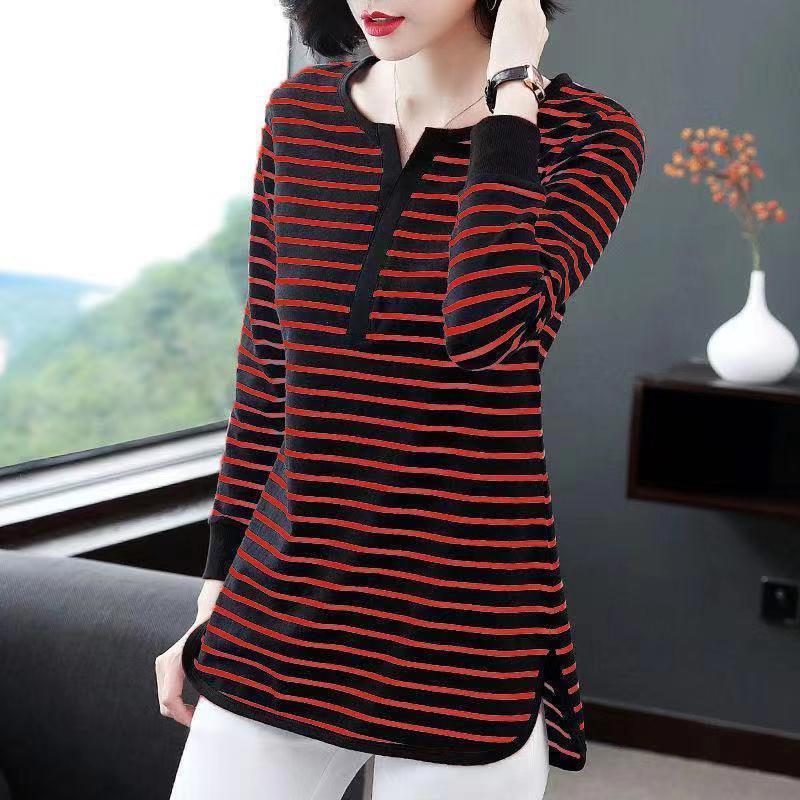 Women's Round Neck Long-sleeved T-shirt Women's Mid-length V-neck Loose Bottoming Shirt
