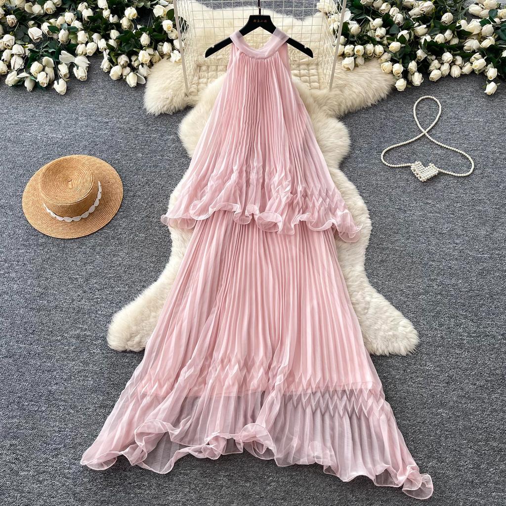 French Neck Sleeveless Sweet Age Reduction Pleated Dress Female Summer High Waist Cake Dress Fairy Vacation Style Long Dress