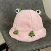 Women College Style Plush Frog Decorated Fisherman Bucket Hat Warm Adjustable Short Brim