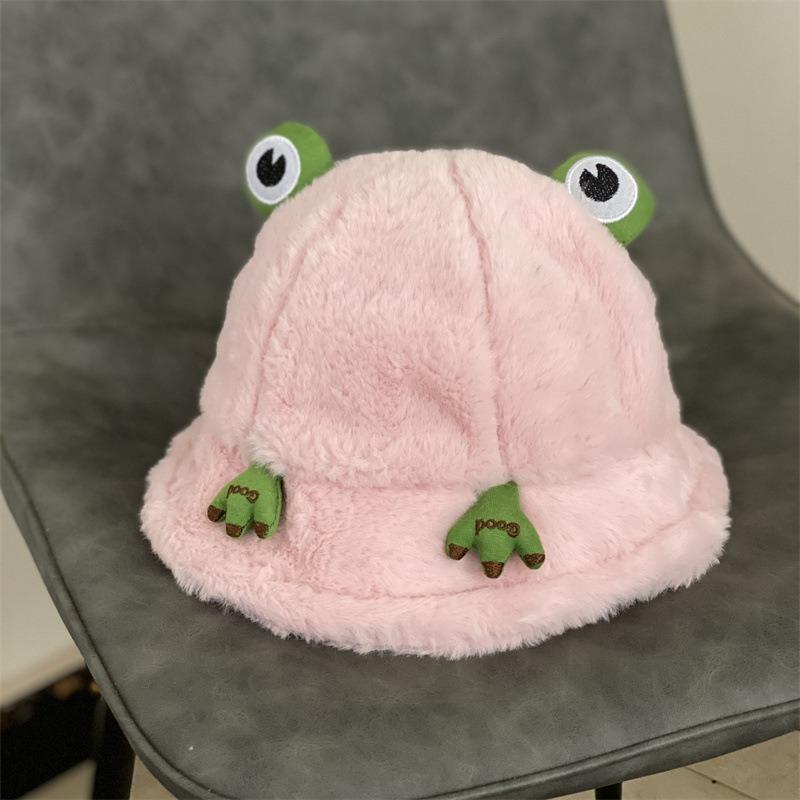 Women College Style Plush Frog Decorated Fisherman Bucket Hat Warm Adjustable Short Brim