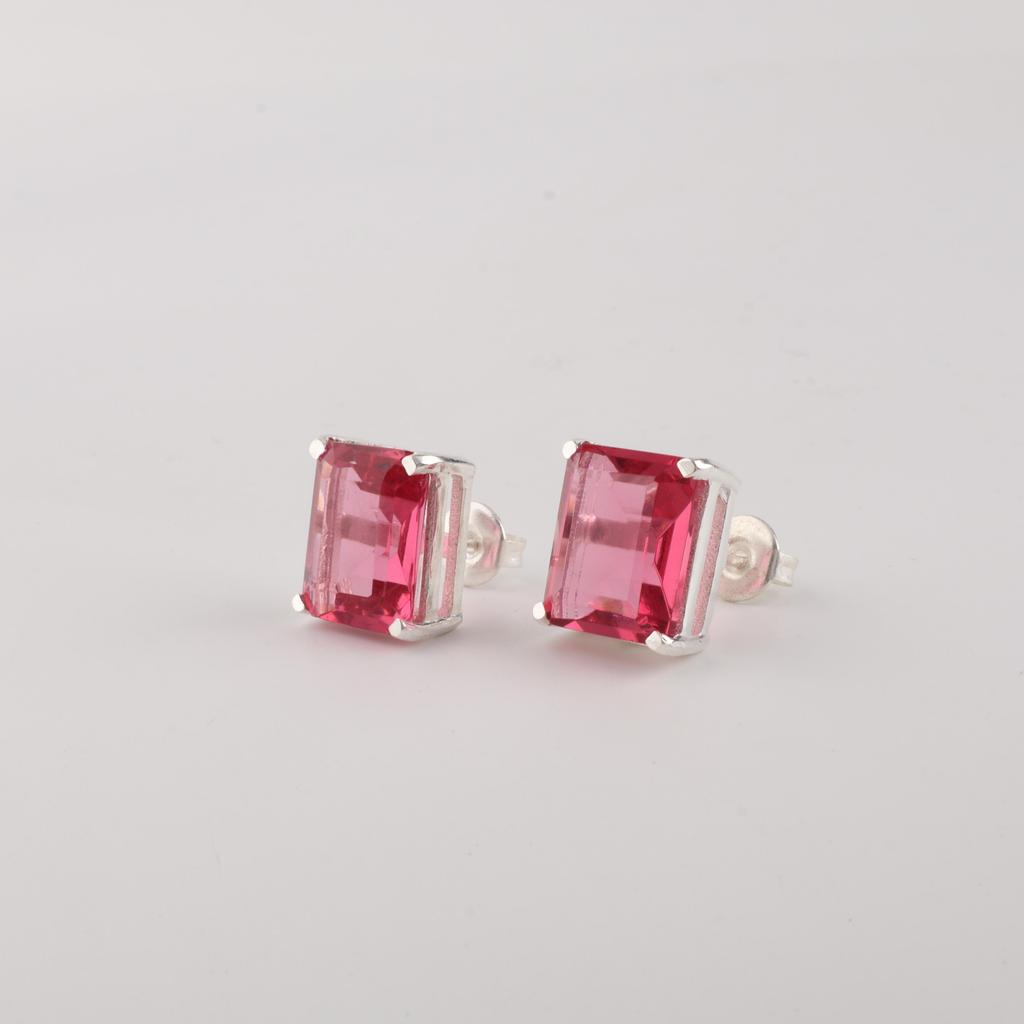 Gema de Turmalina Rosa Plata de Ley 925 Joyería Hecha a Mano Pendientes de Presión 0.4" Para Mujer EE-179-10