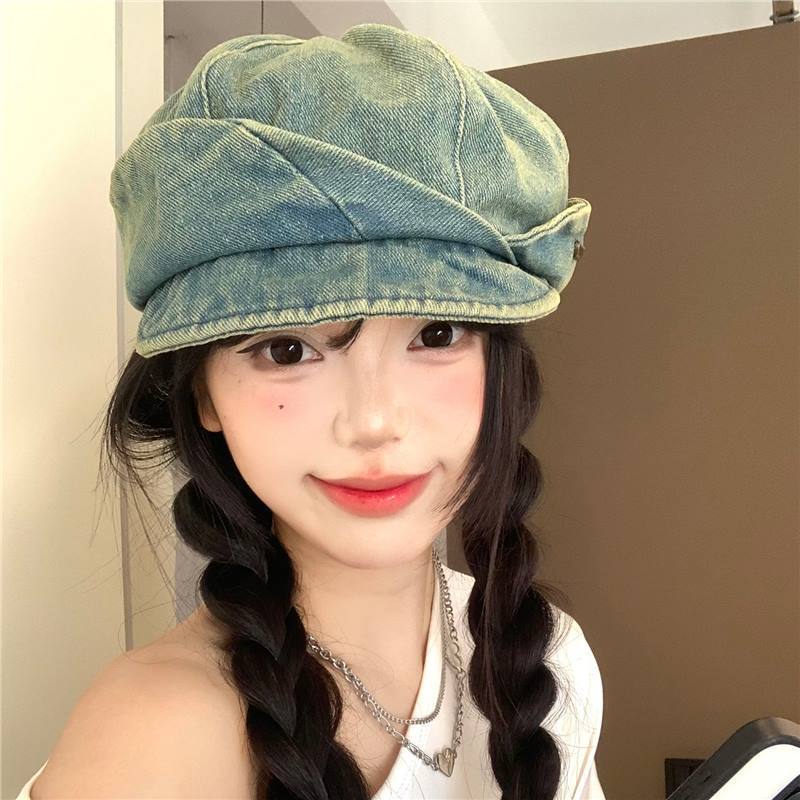 Literary and artistic washed denim niche design beret women's versatile face small sunshade sunscreen octagonal hat tide