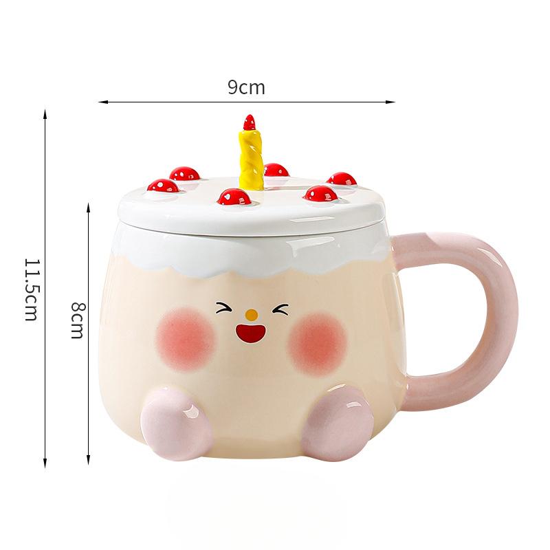High looking Cake Ceramic Cup for Girls Cute Cartoon Home Set of Mug with Lid Coffee Cup Gift Box