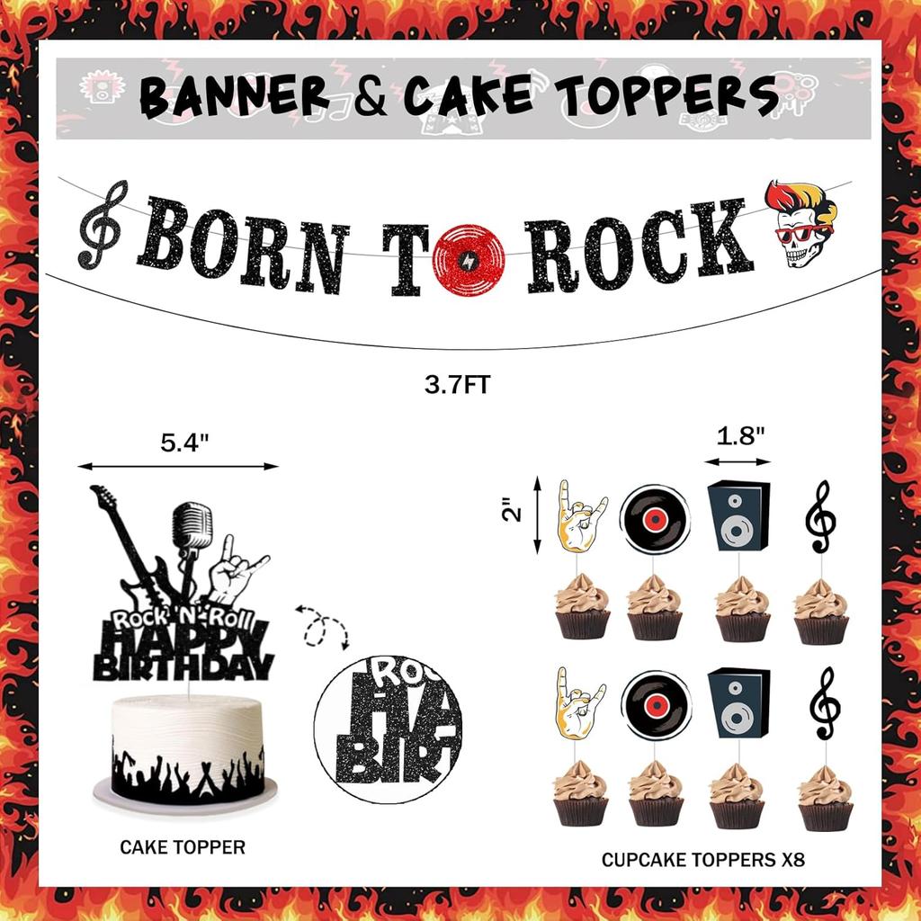 95 PCs Rock and Roll Party Decorations, Hombae Rock Music Themed Birthday Party Supplies Born to Rock Backdrop Balloon Garland Glitter Banner Cake
