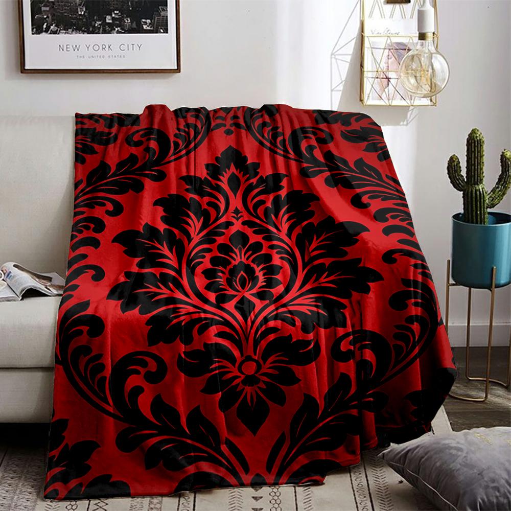 Luxuriöse rote Decke mit schwarzem floralem Damastmuster für Decke, geeignet für die Verwendung im Schlafzimmer, Wohnzimmer, auf dem Sofa