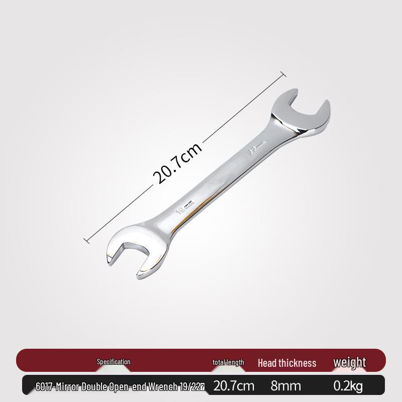 Double-Headed Open-End Wrench Set: Sizes 6-7, 8-10, 12-14, 14-17, 19-22.