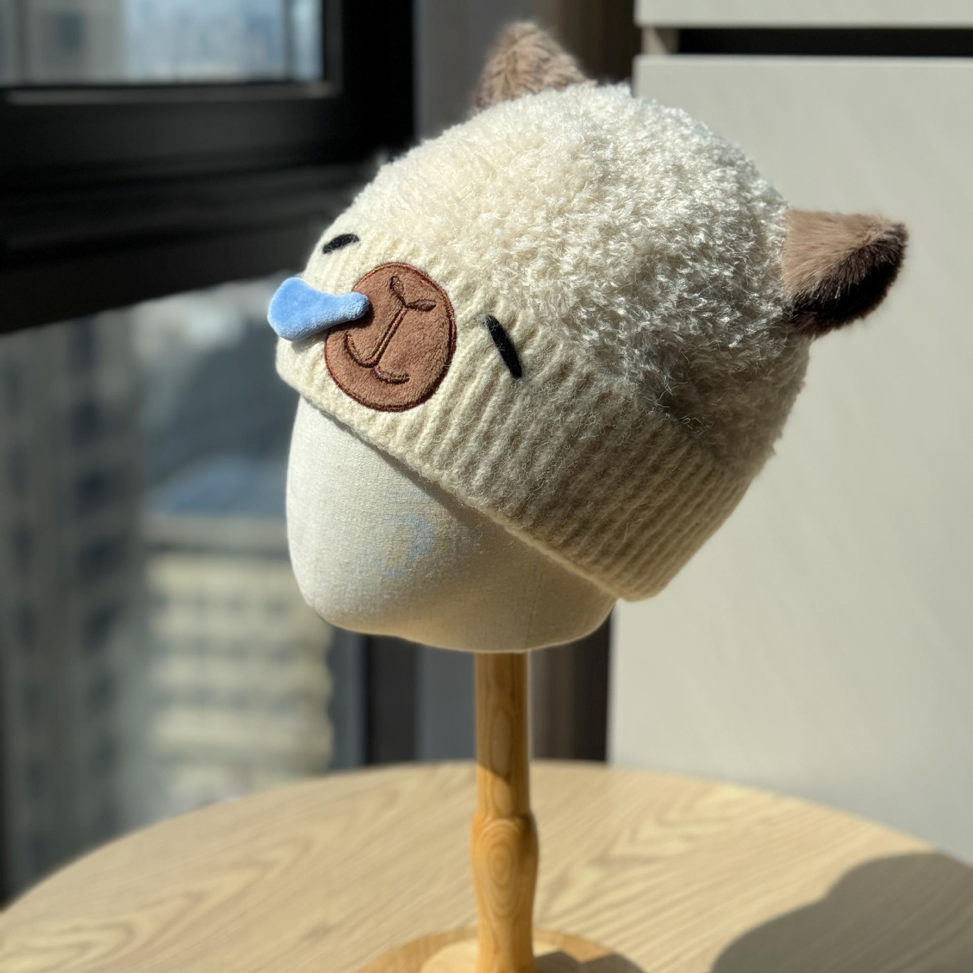 

Милая шапка-медвежонок с соплями, вязаная, для женщин, на осень и зиму, новая, толстая, теплая, с защитой ушей, непродуваемая, шерстяная шапка, модная one size