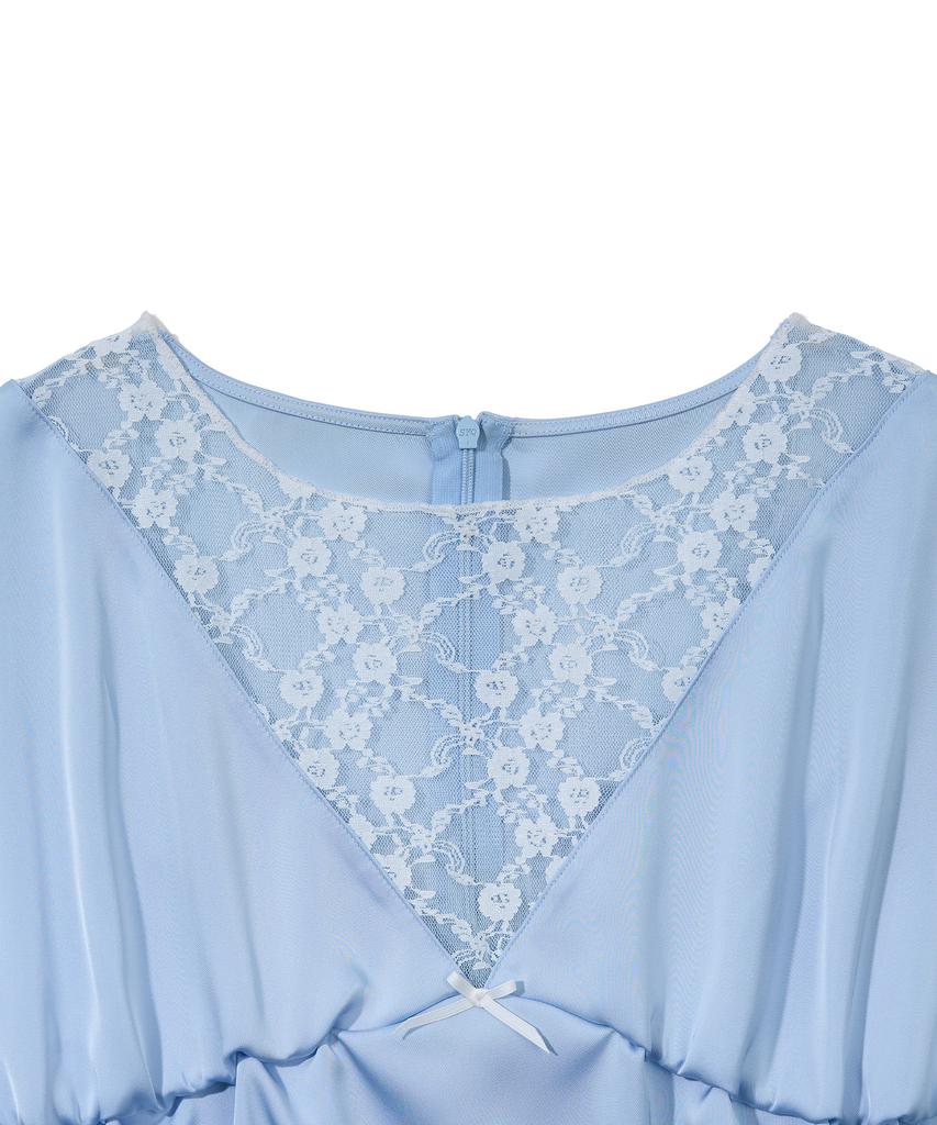 YOUHEE Ribbon Lace Shirring Blouse Light_Blue