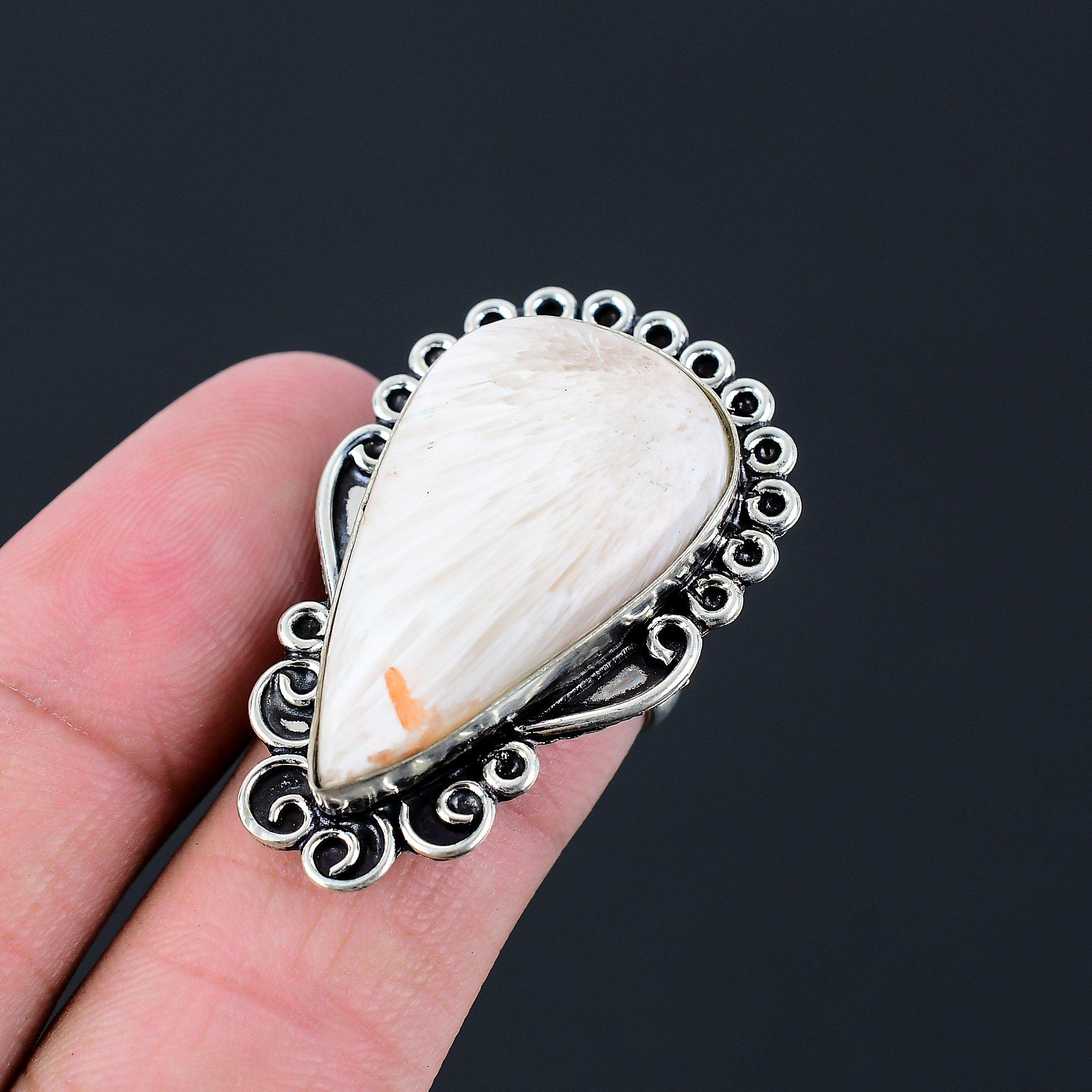 Sterling Silver Pear Scolecite Gemstone Birthday Promise Ring Jewelry Size 7.5 7.5