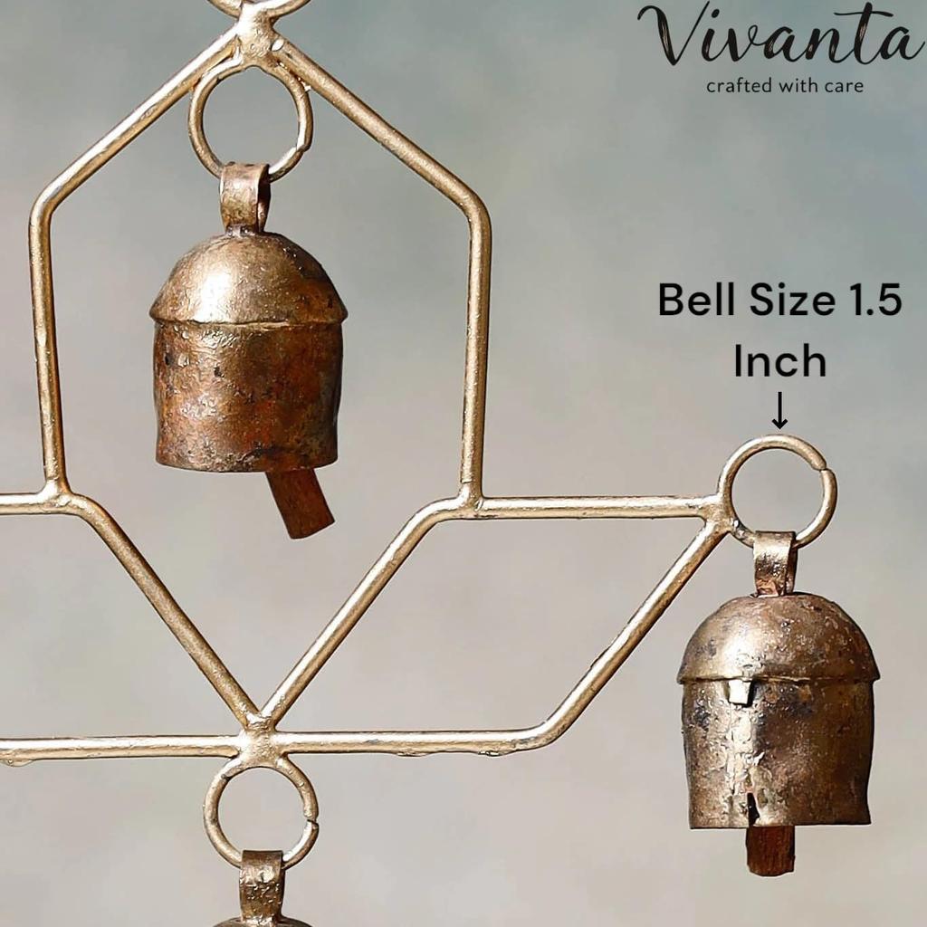 Handmade Rustic Wind Chime for Outdoor Patio Garden Balcony with 4 Metal Cow Bells Soothing Melodic Decor ((8x6 Inch)