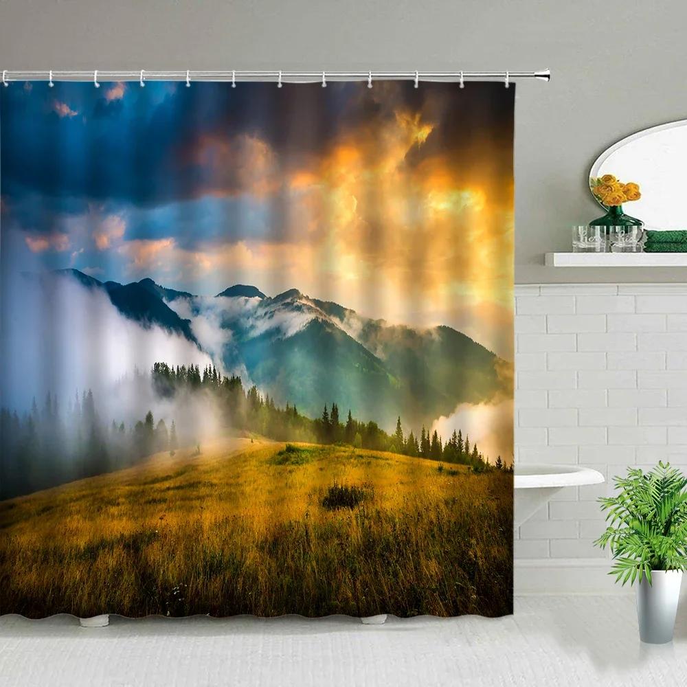 Mountain Shower Curtain,Teal Bathroom Shower Curtain, Cool Nature Watercolor Misty Forest Sun Sunset Landscape Shower Curtains