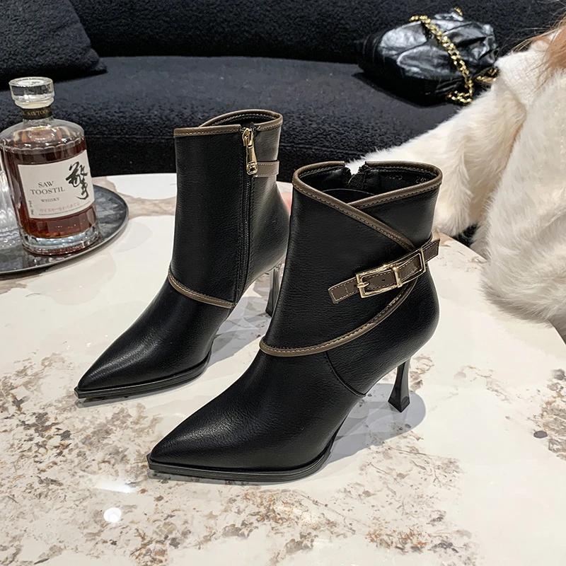 Fashion Women's Shoes 2024 High Quality Side Zipper Women's Boots Fashion Belt Buckle Office and Career Sexy Pointed Toe Ankle Boots