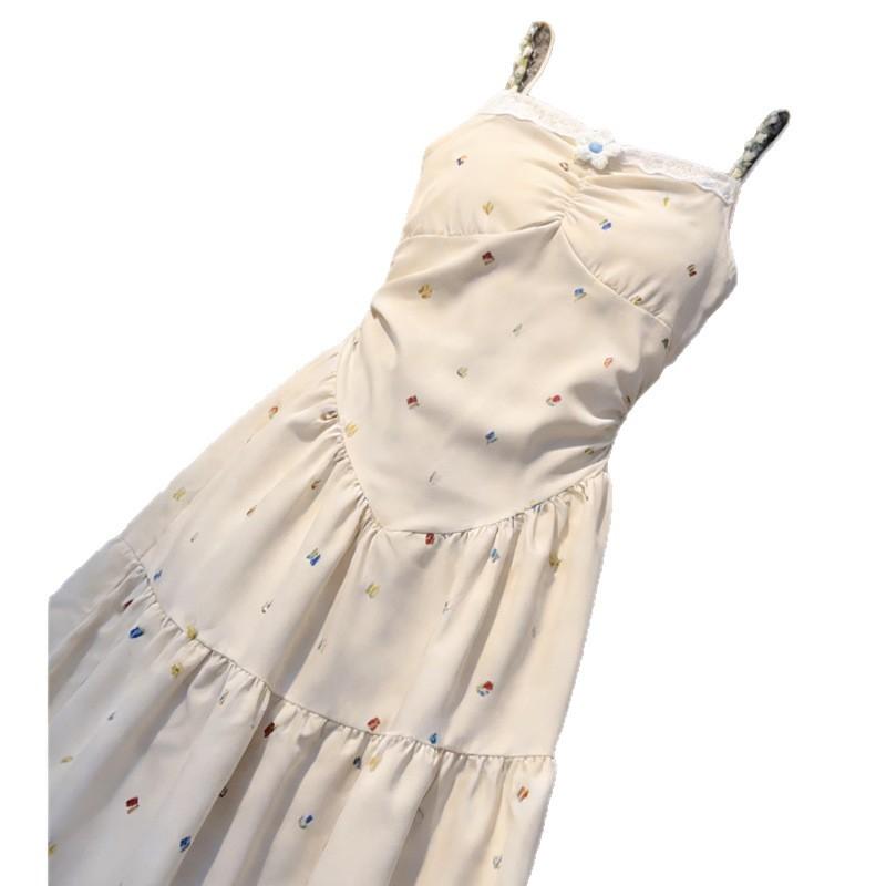 New dress set women's summer seaside vacation color printed floral dress suspender dress child tide