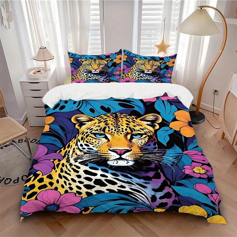 

3pcs Leopard Floral Bedding Cover Set, Fashion Classic Popular Print Bedding Set, Soft Comfortable, All - Season Use, For Bedroom, Guest Room113 135x200cm