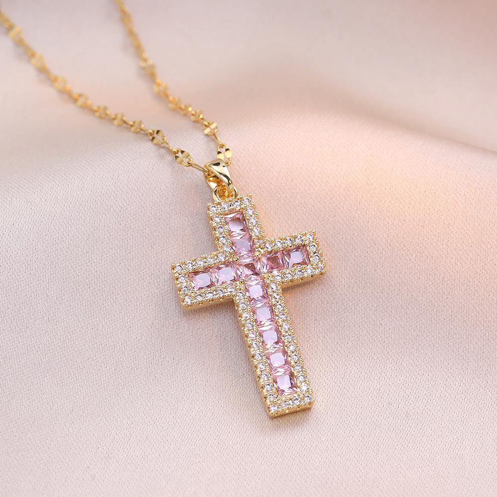 Luxus Damen Blau Rosa Zirkonstein Kreuz Anhänger Halskette Vintage Goldfarbe Hochzeits Schmuck Für Frauen