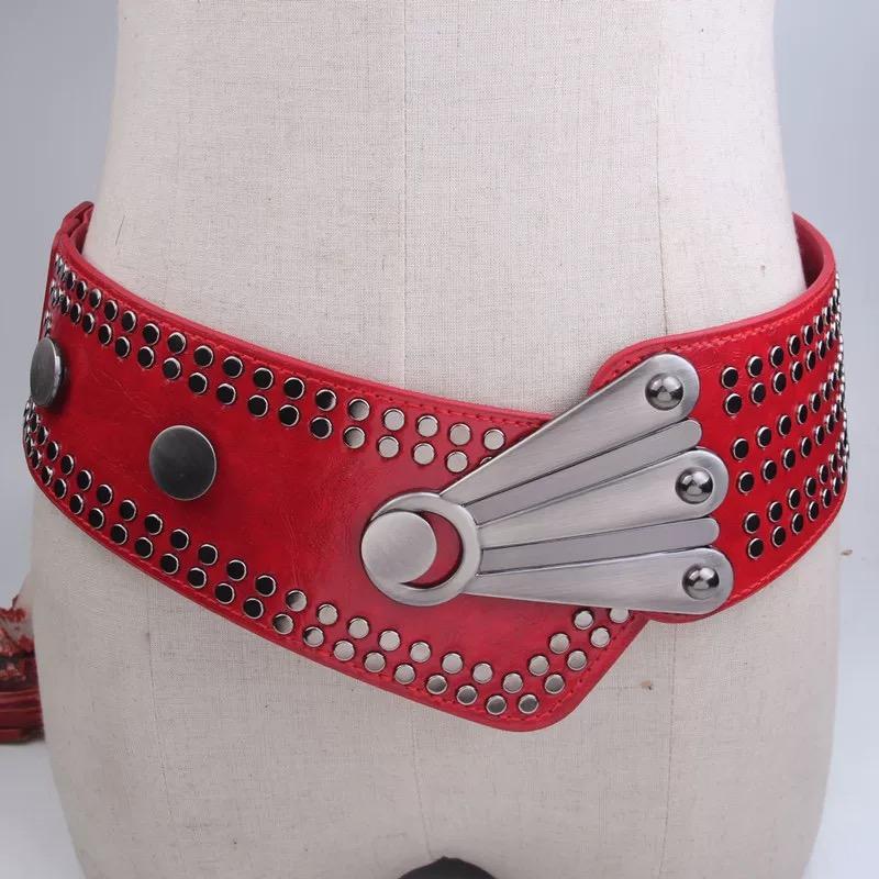 

Black Red PU Leather Studded Belt Woman Adjustable Metal Rivet Punk Elastic Wide Belt Corset For Dess Coat 85cm червоний