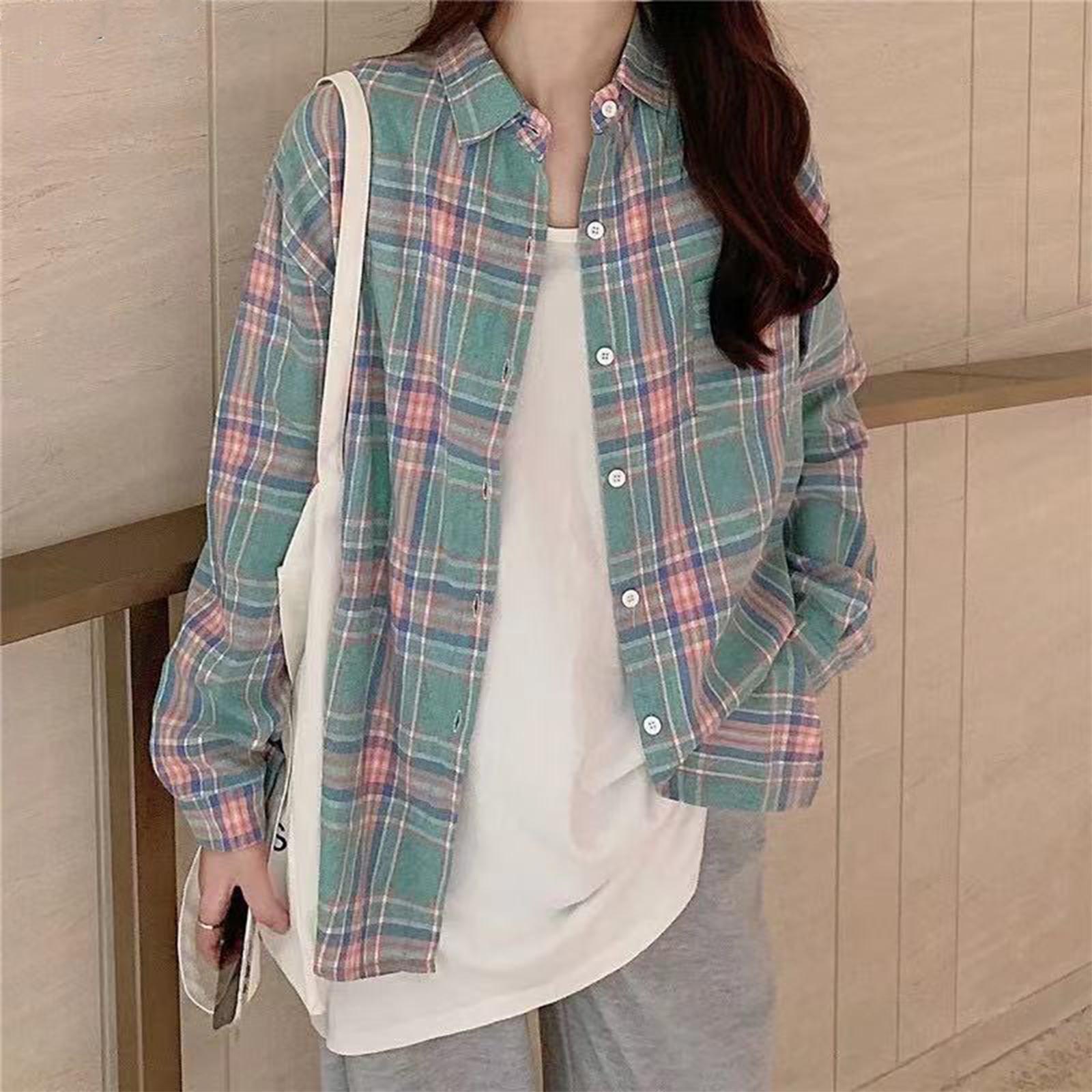 Women s long sleeved checkered shirt top L светло-зеленый