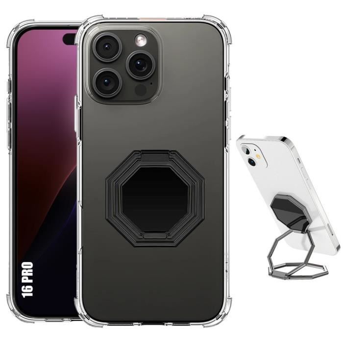 Coque pour iPhone 16 Pro - Antichoc - Anti-Rayures - Support Ajustable - Métal Noir - Souple
