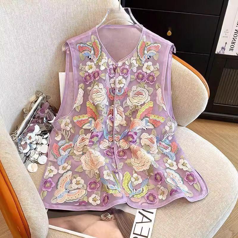 

Style embroidered vest summer new round neck disc button top vest thin vest fashionable and versatile M (under 50kg recommended)