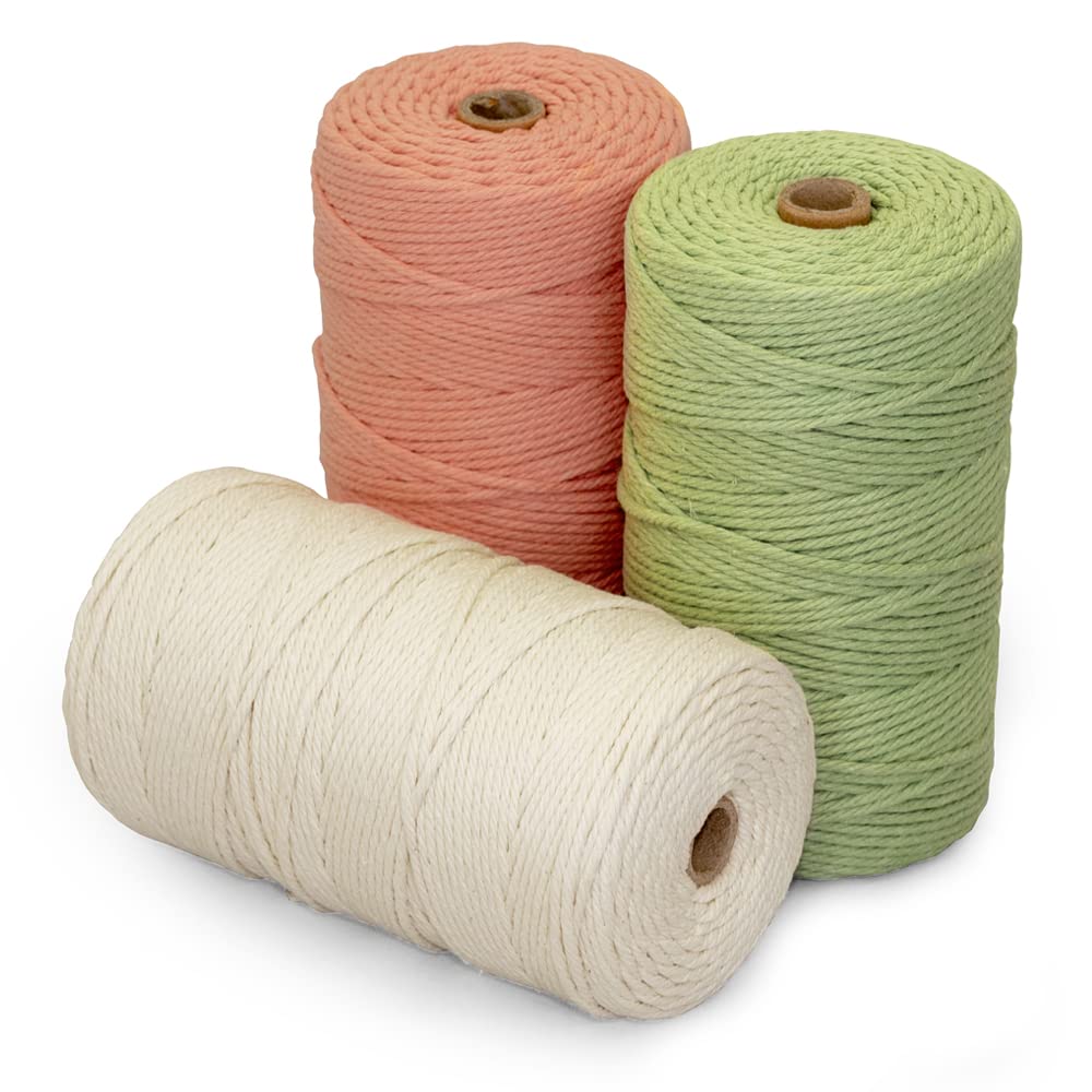 Craft Life Macrame Rope String, 200m Roll, Set of 3, Approx. 3mm Diameter (Ivory, Salmon Pink, Lettuce Green)