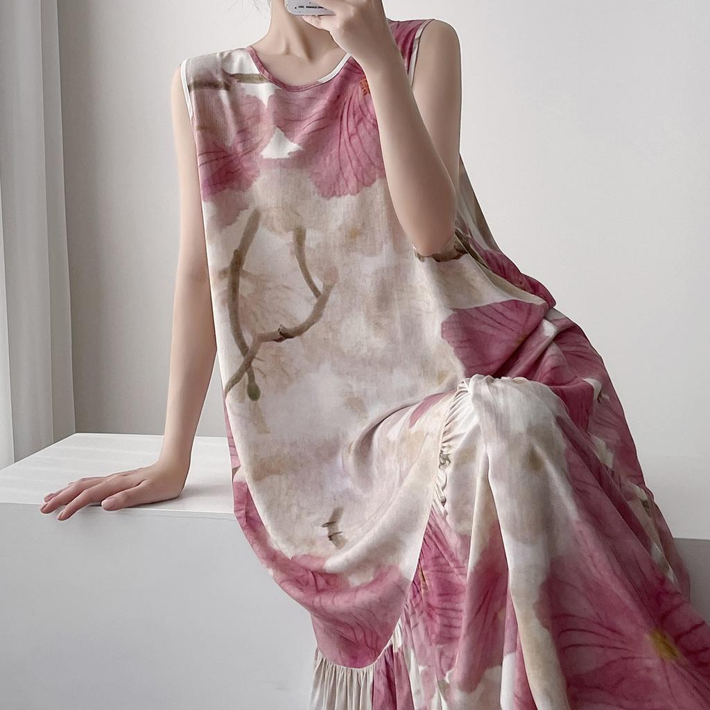 Robe de nuit sans manches en coton et soie pour femme, été, idyllique, ample, grande taille, peut être portée dehors, jupe fishtail en coton artificiel à fleurs