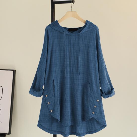 Women Top Loose Checked Long Sleeves Pullover Drawstring Dress Up Hooded A-line Plus Size Fall Shirt Female Clothes