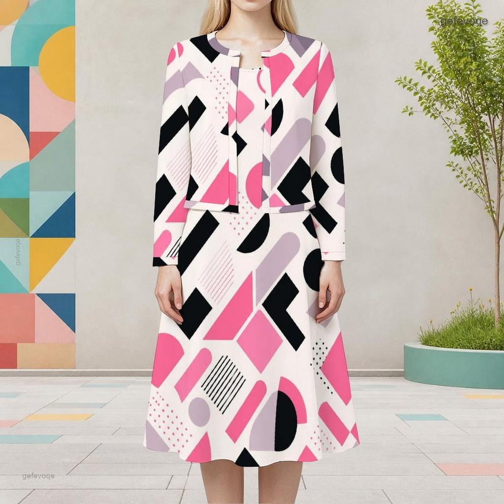 Women Plus Size Printed Round Neck Long Sleeve Cropped Cardigan Sleeveless Dress Two Piece Set