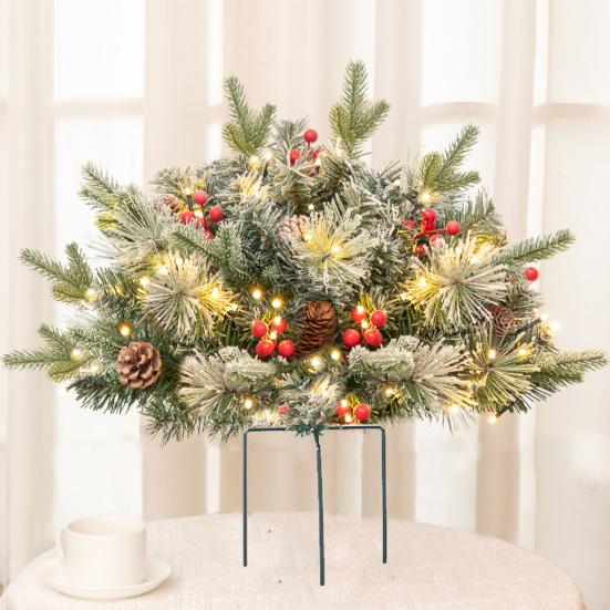 Pre-lit Christmas Tree Urn Filler Battery Operated Artificial Xmas Tree with Cones Berries Holiday Porch Planter Filler with Tripod Stake And LED