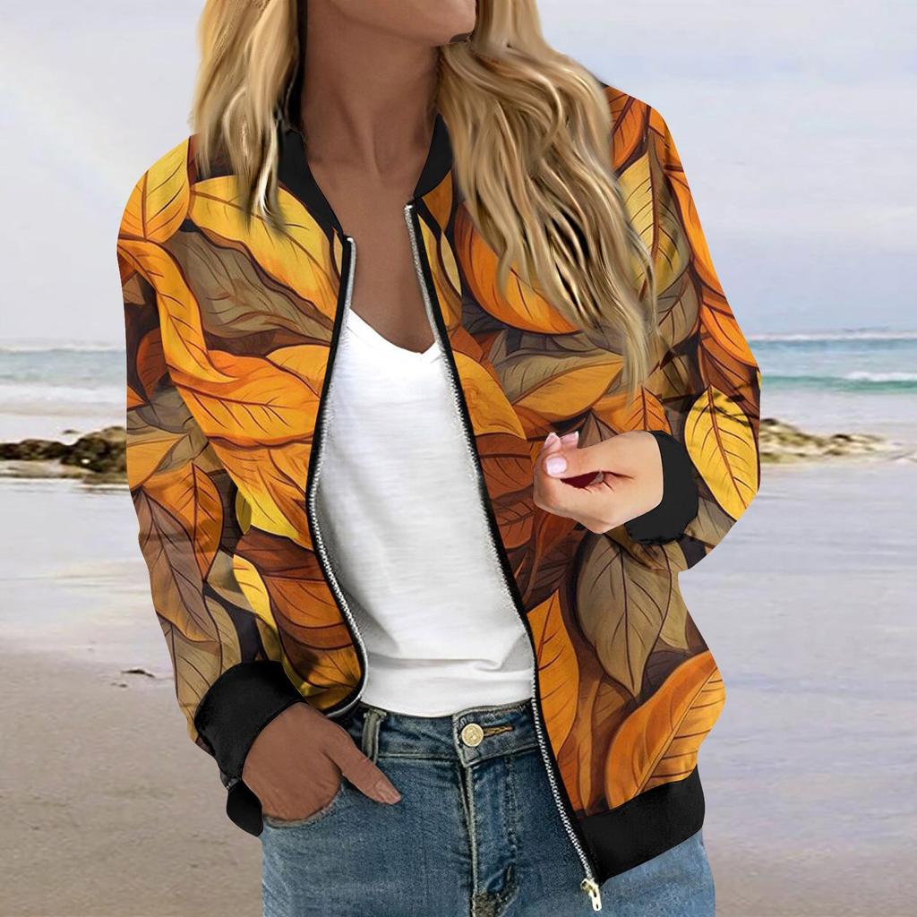 Jacken für Damen, langärmelig, leicht, mit Reißverschluss, kurzärmelig, bedruckt, lässige Steppjacken mit Taschen