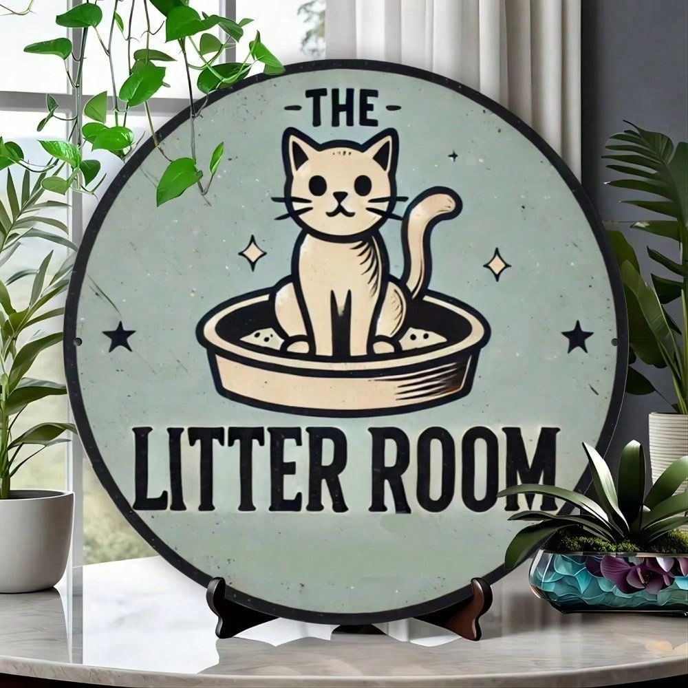 Round Metal Poster Cat Wall Art Bathroom Decor Aluminum Gift