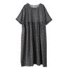 Real Summer New Thin Cotton and Linen Short-sleeved Plaid Simple Bohemian Medium and Long Foreign Trade Dress Women
