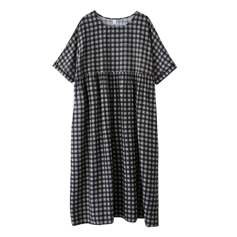 Real Summer New Thin Cotton and Linen Short-sleeved Plaid Simple Bohemian Medium and Long Foreign Trade Dress Women