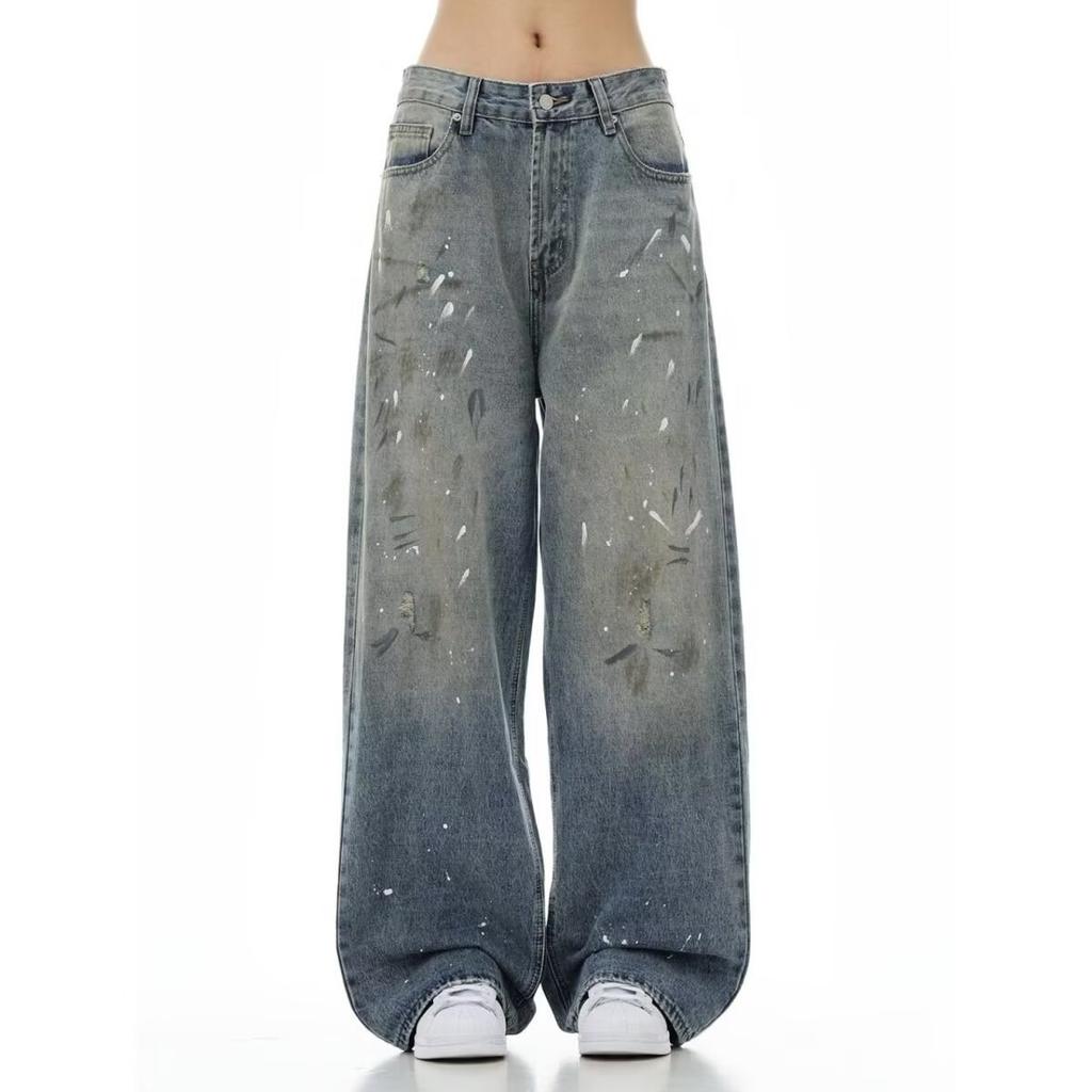 Chaolun cloth men's jeans American high street trendy brand retro washed old loose and versatile straight wide-leg trousers