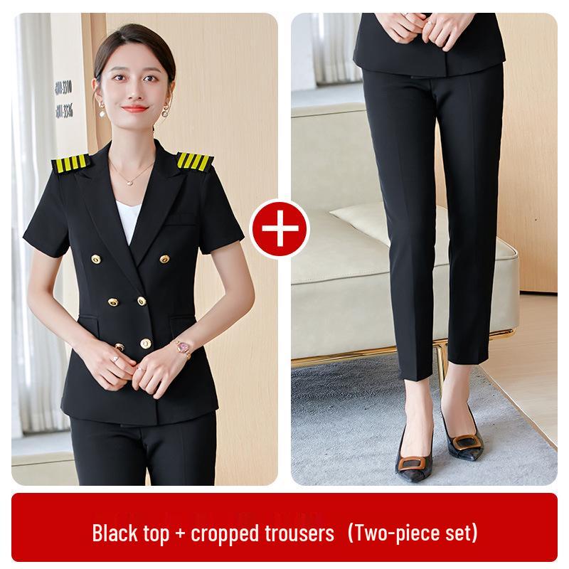 Women's Short-Sleeved Uniform Set for Summer: Ideal for Front Desk, Jewelry Store, Beautician, and Catering Services.