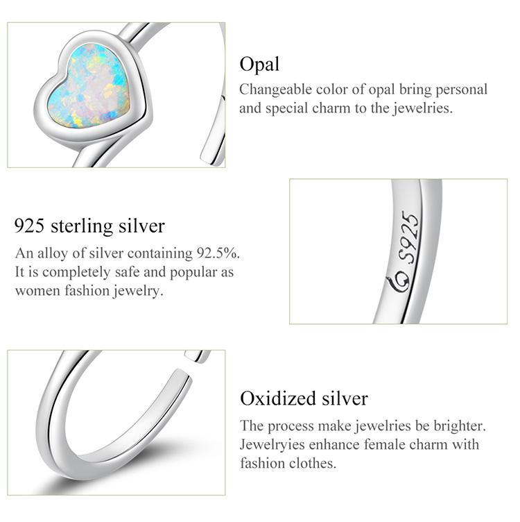 BAMOER 925 Sterling Silver Heart Shaped Love Women Girls Rings Open Size Finger Ring Wedding Fashion Jewelry Gift