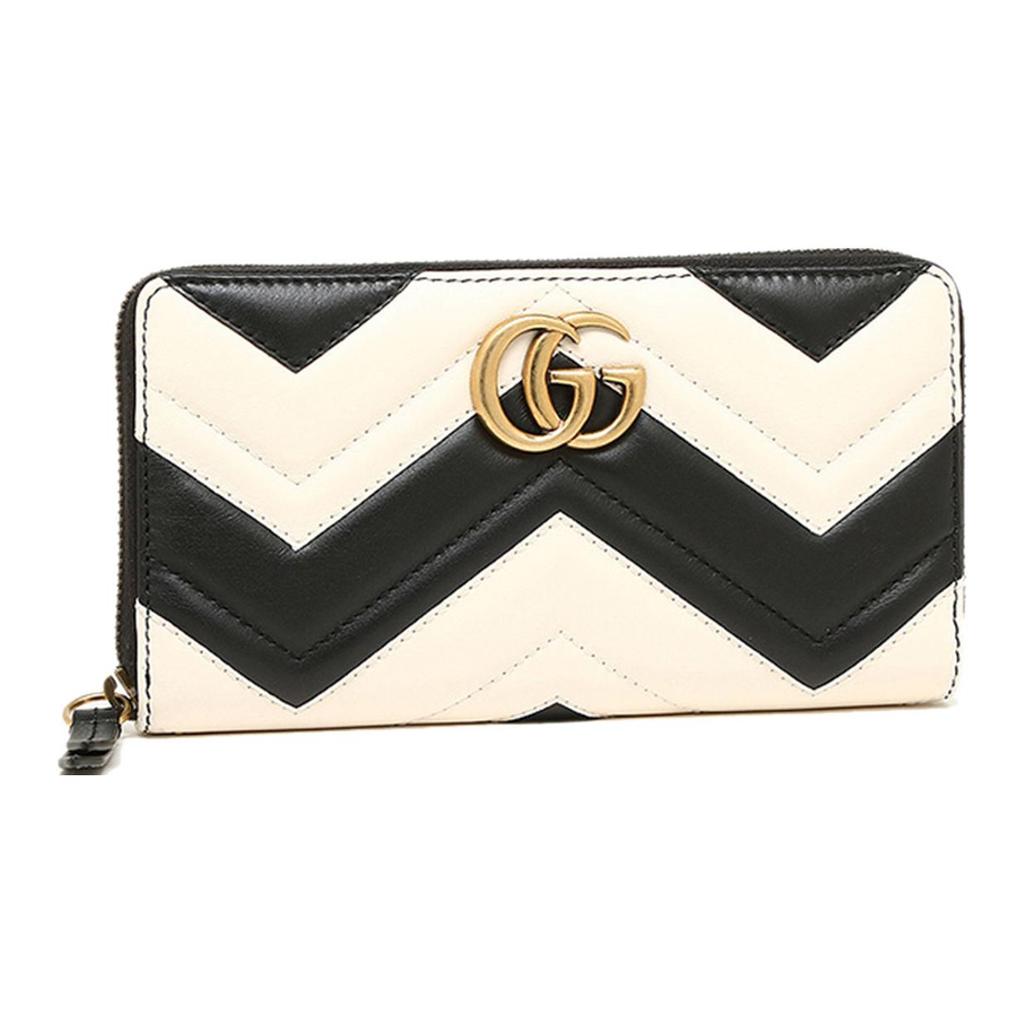 Gucci GG Marmont Gold Logo Color-Block Quilted Long Zipper Leather Wallet Women Wallet Black White 443123-DRWRT-1089