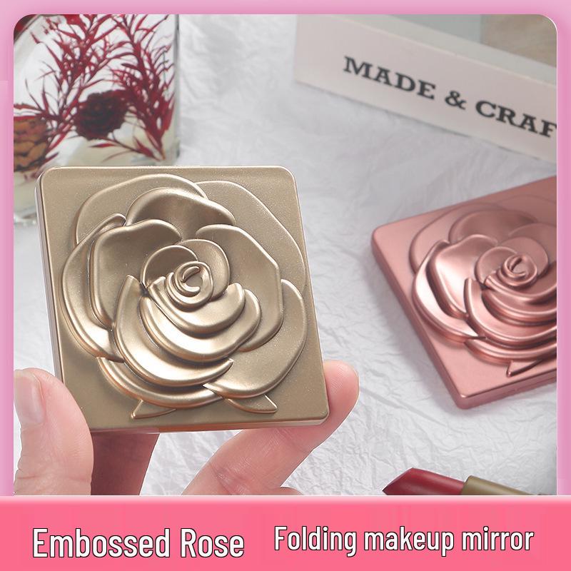Rose Mini Double-Sided Square Makeup Mirror: Portable, Folding, Magnifying